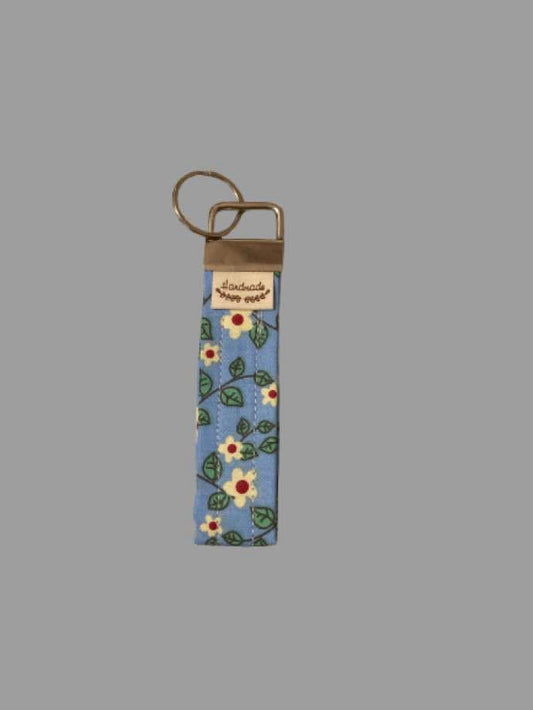 Hand-Sewn Floral Keyfob – Fresh Blooms on Blue